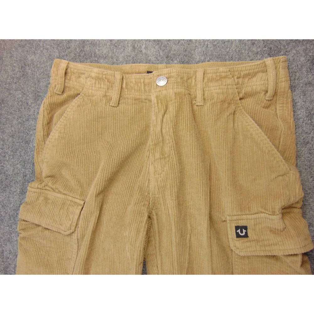 True Religion Cargo Pants Mens 31‎ Tan Solid Corduroy Y2K Streetwear Gorpcore